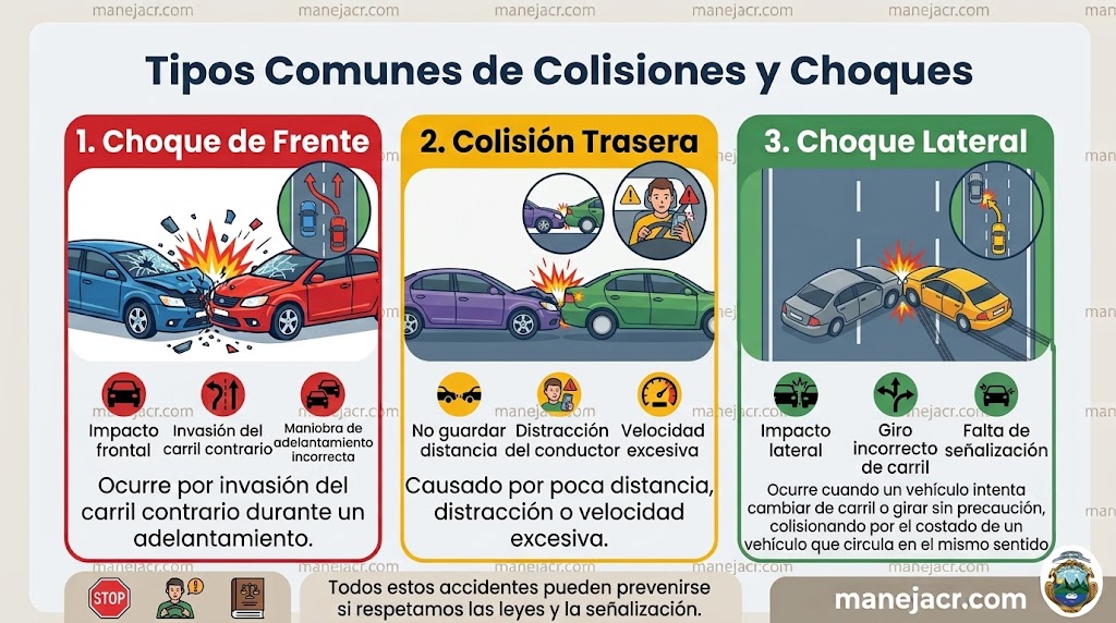 1.Choque de Frente

Es la invasión del carril izquierdo, al realizar un adelanta-miento, es la principal causa para que ocurra este choque.

2. Colisión Trasera

Es muy común, sucede por no guardar la distancia, por distracción del conductor o por exceso de velocidad que no permite frenar a tiempo.

3.Choque Lateral

Sucede cuando un vehículo colisiona por el costado izquierdo o derecho a otro vehículo, al momento de realizar la maniobra.

Tome en cuenta todos los aspectos relacionados con un accidente de tránsito, pues pueden prevenirse si respetamos las leyes y la señalización.