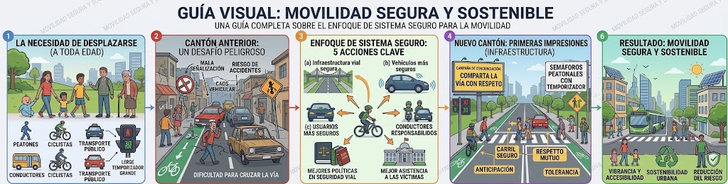 Moverse es fundamental para toda actividad humana, desde la infancia hasta la vejez, todas las personas necesitamos desplazarnos por diferentes motivos: trabajo, estudio, recreación, acceso a bienes y servicios, o para ir de un lugar a otro.

La principal manera que tiene un ser humano para trasladarse es caminando. Todos y todas somos peatones. A veces podemos usar otros medios como la bicicleta o viajar en transporte público como pasajeros del autobús o del taxi o como pasajeros de un vehículo particular. Siendo mayores de edad, podemos aspirar a conducir un vehículo.

Pero no importa cómo nos traslademos, durante esta acción se dan situaciones que nos ponen en riesgo de sufrir un accidente, por lo cual se busca trabajar con el enfoque de sistema seguro, el cual reconoce en la seguridad vial la existencia de una interacción entre muchos componentes que forman un sistema dinámico, que influye en la manera en cómo las persona se movilizan y se comportan en las vías y, en consecuencia, afecta su nivel de exposición al riesgo. Es decir, reconoce que el ser humano es vulnerable y comete errores en la vía, por esto propone adecuar la función de las vías, su diseño, trazado y velocidad, para que sea posible evitar el fallo humano e impedir que, si se produce, tenga consecuencias fatales, lo cual permitiría una movilidad segura y sostenible.

La seguridad vial dentro de esta visión de sistema seguro incorpora cinco acciones para tener en cuenta:

a. Infraestructura vial segura.

b. Vehículos más seguros.

c. Usuarios más seguros.

d. Mejores políticas en Seguridad Vial.

e. Mejor asistencia a las víctimas.
