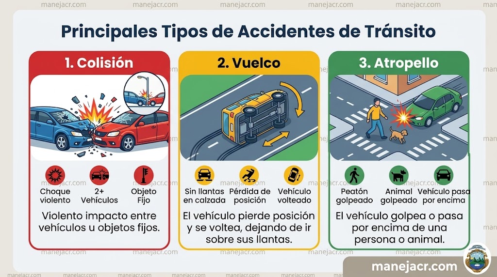Además, es importante conocer los principales tipos de accidentes de tránsito:

Colisión

Choque violento entre dos o más vehículos/ vehículo y objeto fijo.

Vuelco

Vehículo deja de ir sobre sus llantas, perdiendo su posición en la calzada y se voltea.

Atropello

Vehículo pasa por encima o golpea una persona o animal ocasionándole daño físico.

En cuanto a las colisiones o choques, los más comunes son:

1.Choque de Frente

Es la invasión del carril izquierdo, al realizar un adelanta-miento, es la principal causa para que ocurra este choque.

2. Colisión Trasera

Es muy común, sucede por no guardar la distancia, por distracción del conductor o por exceso de velocidad que no permite frenar a tiempo.

3.Choque Lateral

Sucede cuando un vehículo colisiona por el costado izquierdo o derecho a otro vehículo, al momento de realizar la maniobra.

Tome en cuenta todos los aspectos relacionados con un accidente de tránsito, pues pueden prevenirse si respetamos las leyes y la señalización.