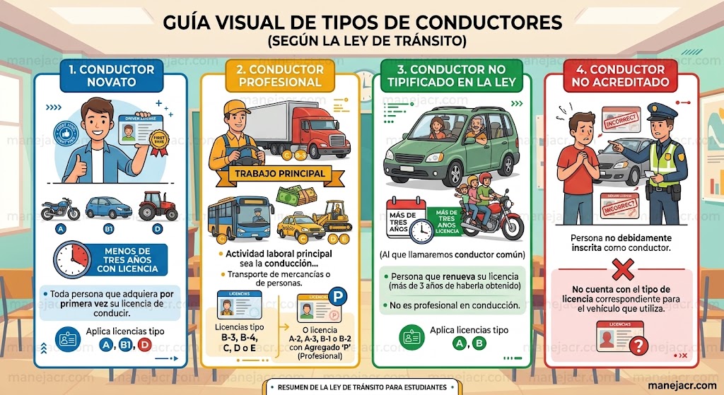 Tipos de Conductor

La ley de tránsito establece la existencia de diferentes tipos de conductores para definir las responsabilidades de los mismos.

Conductor novato.

-Obtiene su licencia por primera vez y con no más de 3 años de tenerla.

-Licencia tipo A, B y D.

Conductor profesional.

-Su actividad principal es la conducción de vehículo a motor, para traslado de personas o mercancías.

-Licencia tipo B-3, B-4, C, D, E.

-También A-2, A-3, B-1, B-2 al agregarle la P.

Conductor no tipificado en la ley.

-Todo aquel que renueve su licencia, es decir, con más de 3 años de haberla obtenido y no sea profesional.

-Licencia tipo A, B-1 у В-2.

1. Conductor Novato

-Según la ley de tránsito vigente, conductor novato es toda persona que adquiera por primera vez su licencia de conducir y que no sobrepase los tres años de haberla obtenido.

-Aplica tanto para licencias tipo A, B1 y D.

2. Conductor Profesional

Según la misma Ley, conductor profesional es toda persona cuya actividad laboral principal sea la conducción de vehículos a motor, dedicados al transporte de mercancías o de personas y que haya sido acreditada con una licencia tipo B-3, B-4, C, D o E. También será conductor profesional aquel que haya sido acreditado con su licencia tipo A-2, A-3, B-1 o B-2 y que haya solicitado, al momento de su expedición, el agregado P (profesional).

3. Conductor no Tipificado en la Ley

(Al que llamaremos conductor común)

Es aquella persona que renueva su licencia, o sea con más de 3 años de haberla obtenido, y no es profesional en conducción. Aplica para licencia A y B.

4. Conductor no Acreditado

Aquella persona que no esta debidamente inscrita como conductor, o sea no cuenta con el tipo de licencia de conducir correspondiente para el vehículo que utiliza.